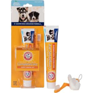 imageArm ampamp Hammer for Pets Complete Care Puppy Dental Kit Includes 25 oz Dog Toothpaste in Peanut Butter Flavor Small Dog Toothbrush for Small Dogs and Puppies and Microfiber Finger Brush Pack of 1Puppy  Peanut Butter