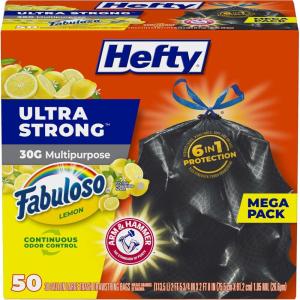 imageHefty Ultra Strong 30 Gallon Trash Bags Large Trash Bags 30 Gallon Size Multipurpose Break Resistant Drawstring Closure Resists Leaks Punctures and Tears Black Fabuloso Lemon Scent 50 BagsFabuloso Lemon