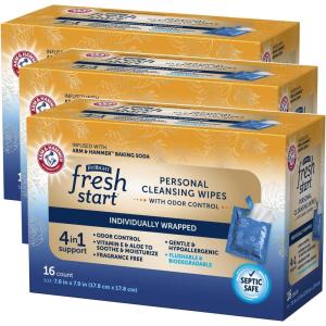 imageFitRight Fresh Start OnTheGo Flushable Wipes 48 Count Personal Cleansing Wipes Individually Wrapped Sachets for Urinary Incontinence with The OdorControl Power of ARM ampamp HAMMER Baking Soda
