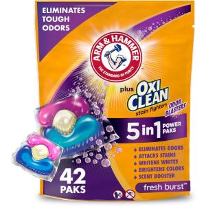 imageARM ampamp HAMMER Plus OxiClean with Odor Blasters Concentrated Laundry Detergent 5in1 Laundry Stain Remover Fresh Burst Detergent Power Paks 42 Count BagFresh Burst
