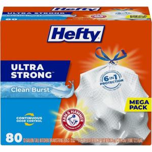 imageHefty Ultra Strong 13 Gallon Trash Bags Tall Kitchen Trash Bags 13 Gallon Size Drawstring Closure Continuous Odor Control White Clean Burst Scent 80 Bags80 Count Pack of 1