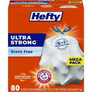 imageHefty Ultra Strong 13 Gallon Trash Bags Tall Kitchen Trash Bags 13 Gallon Size Drawstring Closure Continuous Odor Control White Unscented 80 BagsUnscented