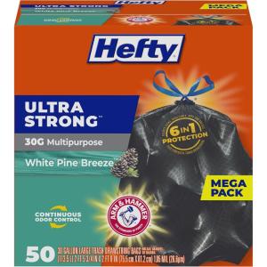 imageHefty Ultra Strong 30 Gallon Trash Bags Large Trash Bags 30 Gallon Size Multipurpose Break Resistant Drawstring Closure Resists Leaks Punctures and Tears Black White Pine Breeze Scent 50 Bags50 Count Pack of 1