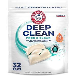 imageARM ampamp HAMMER Deep Clean Free ampamp Clear Power Paks Concentrated Laundry Detergent Free of Dyes Perfumes and Phosphates Dermatologist Tested 32 Count